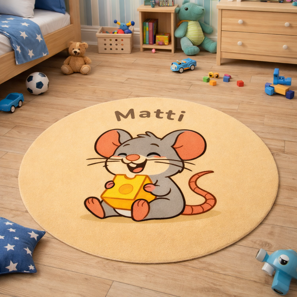 Round handmade wool children’s rug with cute mouse illustration, personalized with child’s name, styled in a cozy kids bedroom.