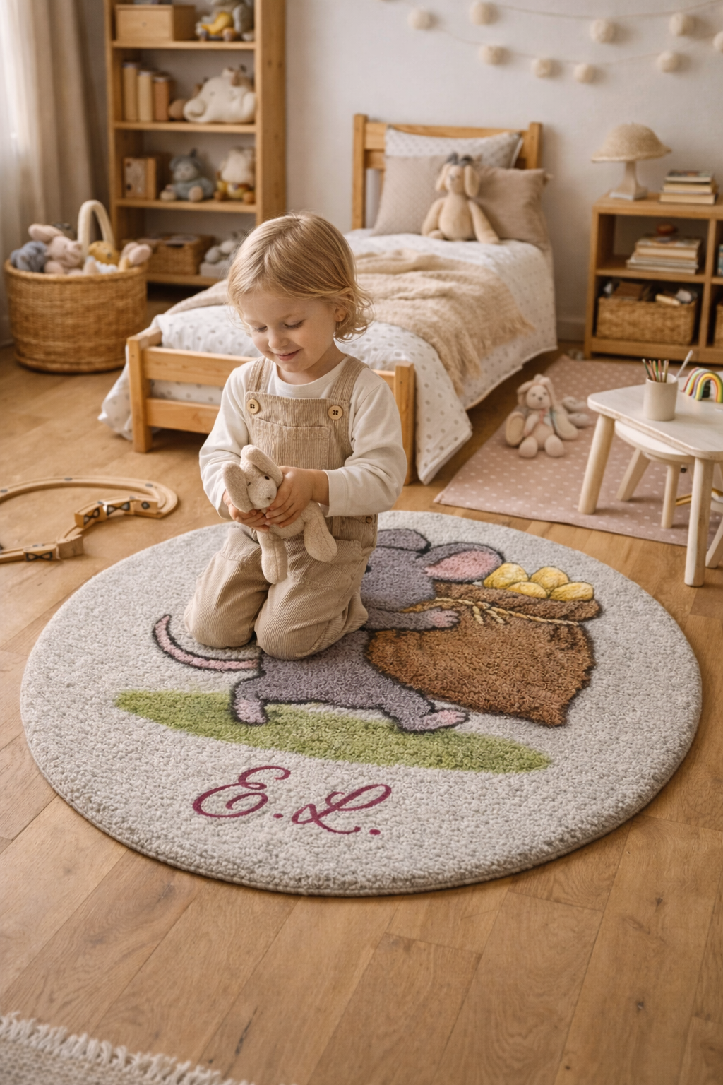 Hand-tufted natural wool rug with country mouse carrying a grain sack motif, personalized with initials, handmade in EU