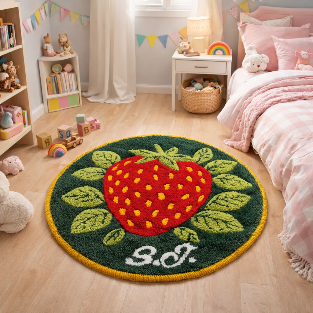 Round personalized strawberry wool rug in a cozy children’s bedroom interior, hand-tufted natural wool, made to order.