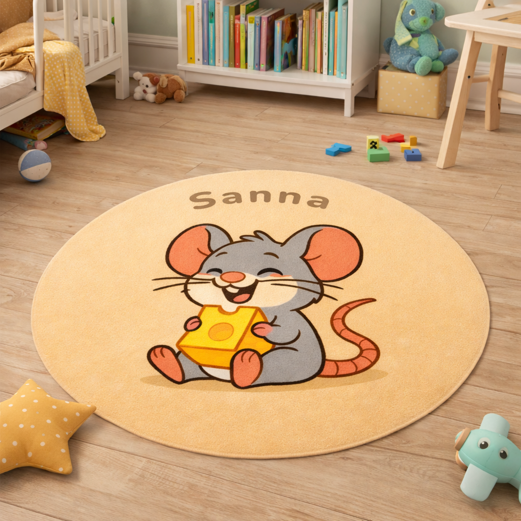 Round handmade wool children’s rug with cute mouse illustration, personalized with child’s name, styled in a cozy kids bedroom.