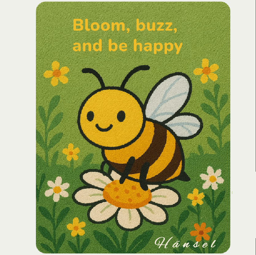 Personalized bee wool rug for children’s room with name and slogan, handmade in EU from 100% natural wool, soft and safe play rug