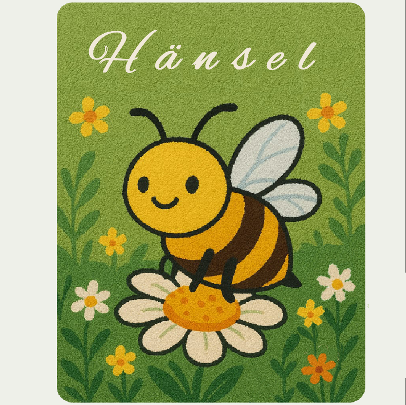 Personalisierter Kinderteppich Biene aus 100 % Schurwolle mit individuellem Namen, handgetuftet, 3D-Details