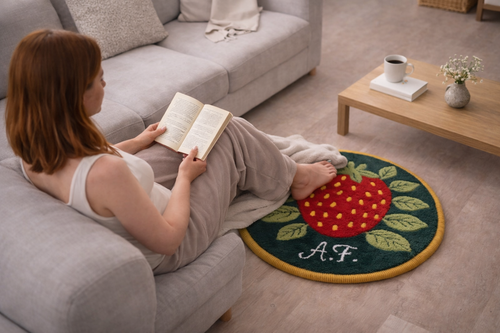 Woman sitting on sofa with flowers, feet on round personalized strawberry wool rug with initials, hand-tufted from natural wool