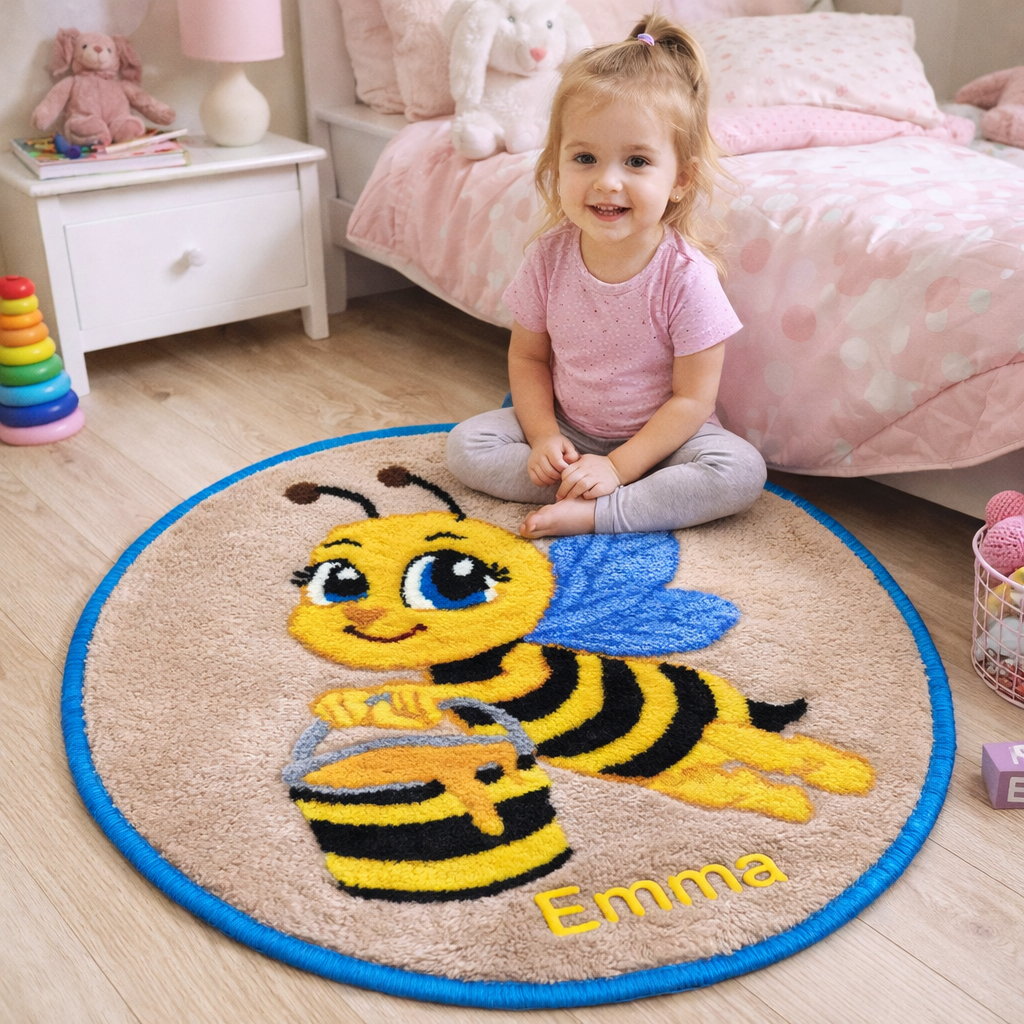 child playing on personalized bee wool rug soft handmade carpet for kids room with custom name