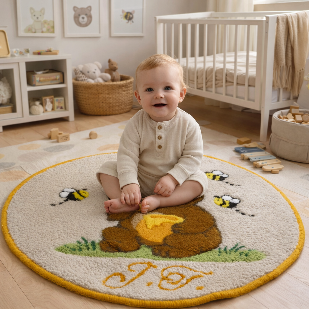 Round hand-tufted wool rug with a carved 3D teddy bear motif and personalized initials, made from 100% natural wool with a contrasting stitched border.