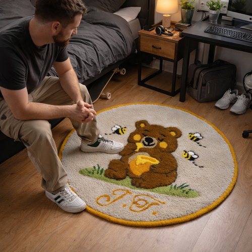 Personalized handmade wool rug with teddy bear design in modern bedroom, man sitting near rug on wooden floor