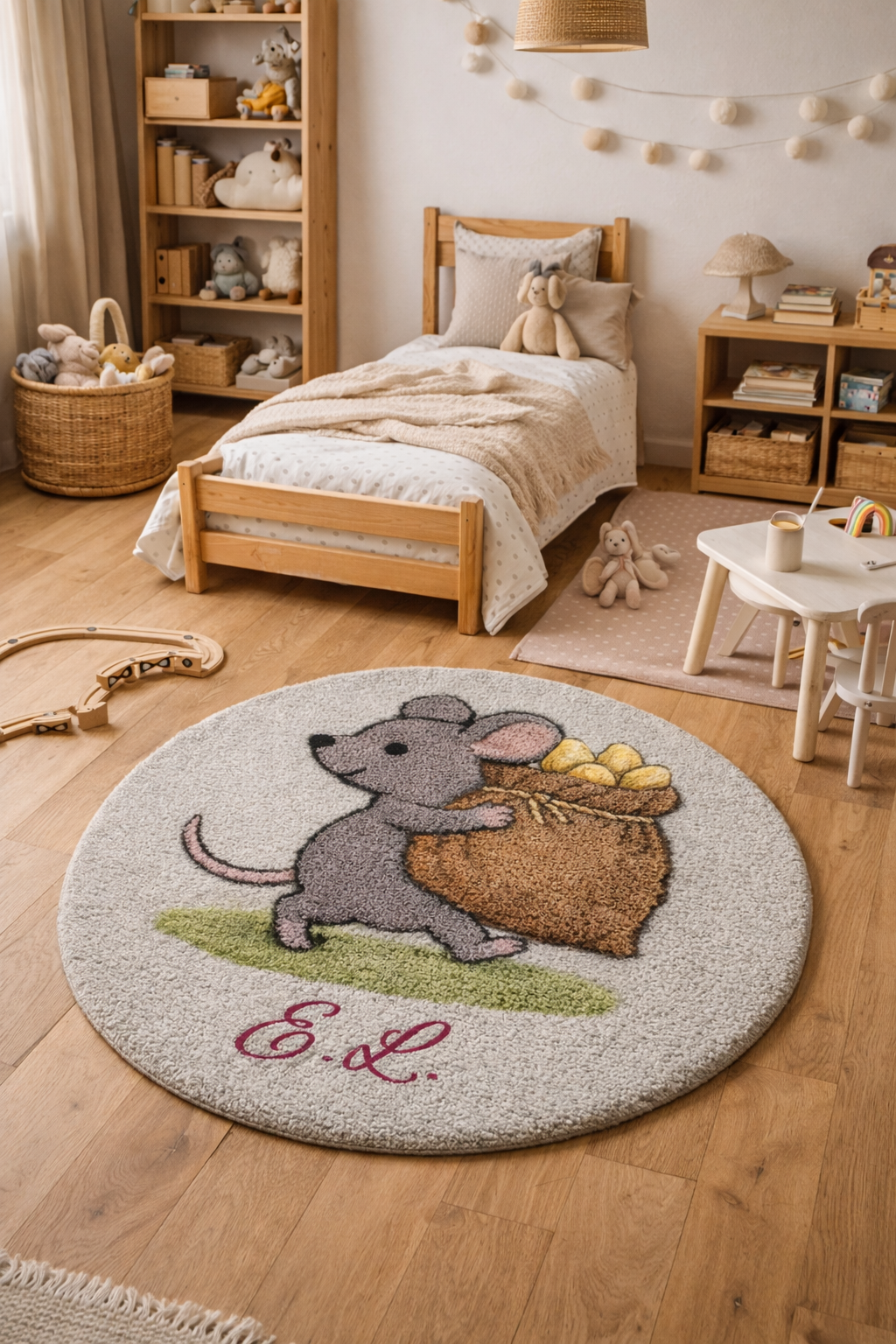 Hand-tufted natural wool rug with country mouse carrying a grain sack motif, personalized with initials, handmade in EU