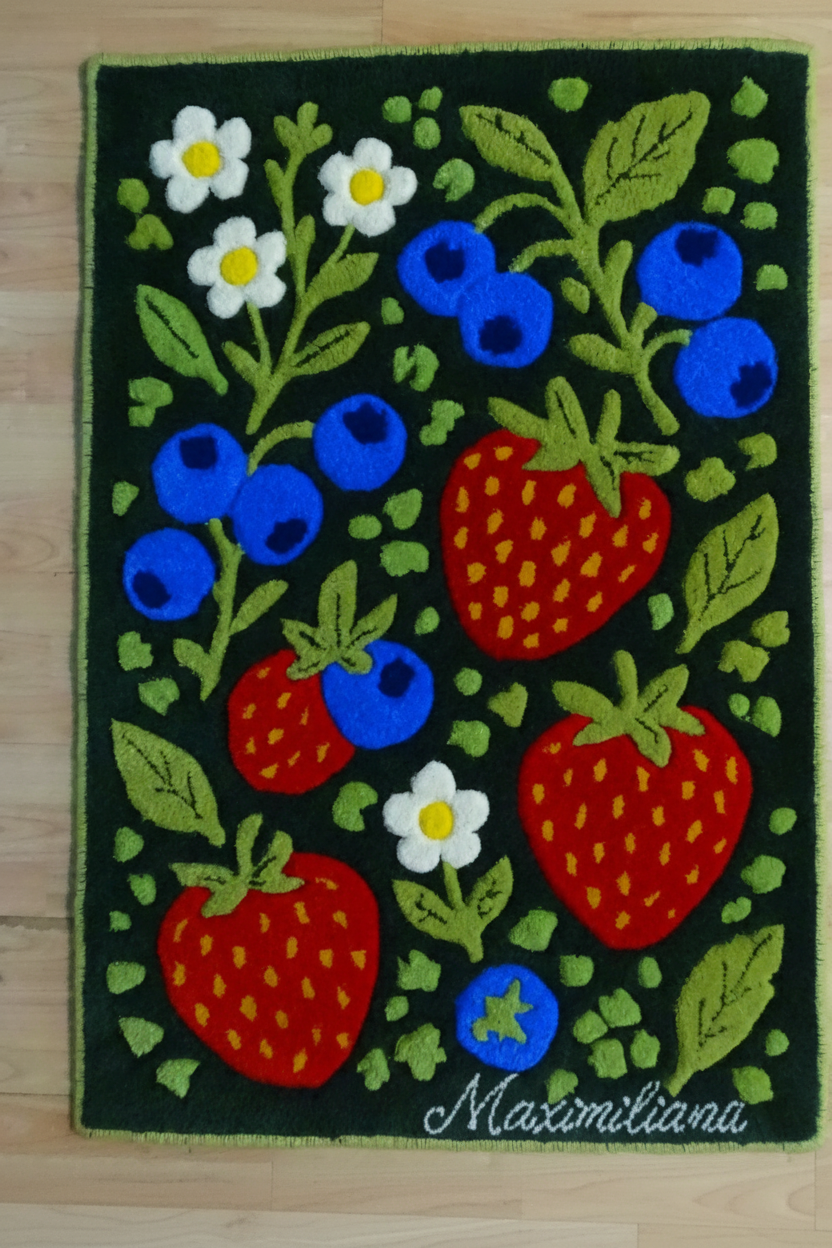 Handgefertigter personalisierter Wollteppich mit Erdbeeren, Blaubeeren und Blumen aus 100 % baltischer Schurwolle, mit Wunschname, auf Holzboden fotografiert
