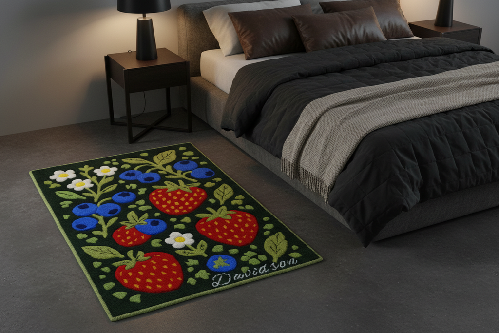 Handgefertigter personalisierter Wollteppich mit Erdbeeren, Blaubeeren und Blumen aus 100 % baltischer Schurwolle, mit Wunschname, auf Holzboden fotografiert