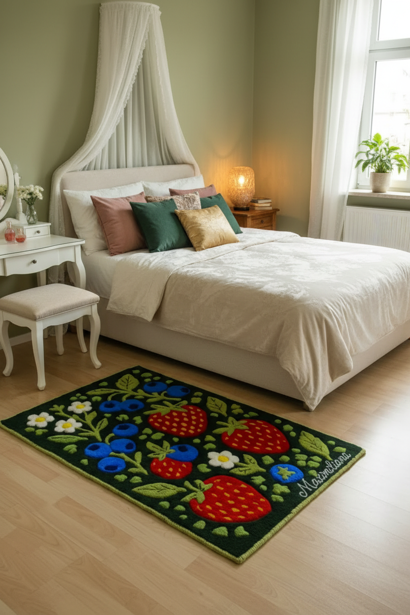 Handgefertigter personalisierter Wollteppich mit Erdbeeren, Blaubeeren und Blumen aus 100 % baltischer Schurwolle, mit Wunschname, auf Holzboden fotografiert