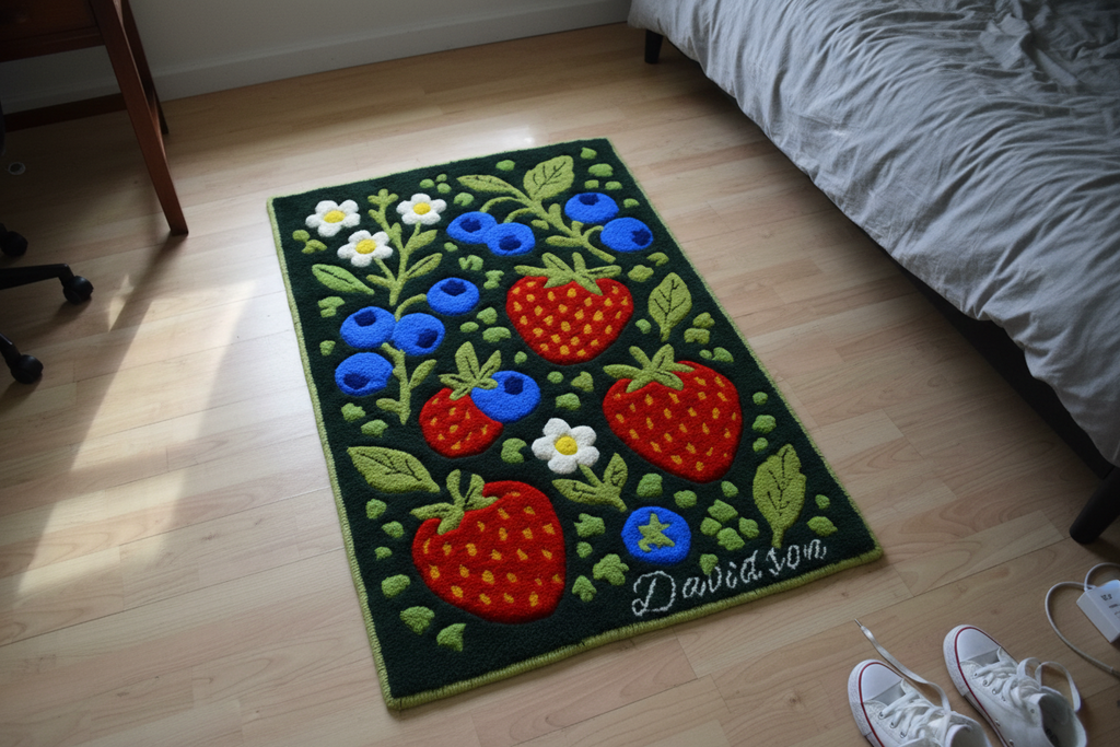 Handgefertigter personalisierter Wollteppich mit Erdbeeren, Blaubeeren und Blumen aus 100 % baltischer Schurwolle, mit Wunschname, auf Holzboden fotografiert