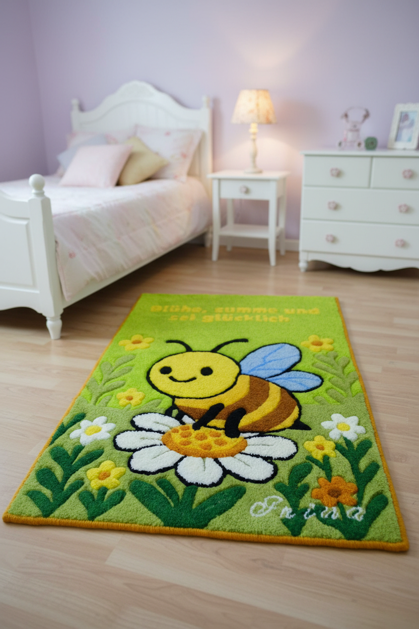 Handgetufteter Wollteppich mit Bienenmotiv für das Kinderzimmer, personalisiert mit Wunschname, 100 % baltische Schurwolle, hergestellt in Lettland (EU).