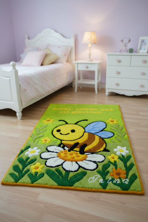 Handgetufteter Wollteppich mit Bienenmotiv für das Kinderzimmer, personalisiert mit Wunschname, 100 % baltische Schurwolle, hergestellt in Lettland (EU).