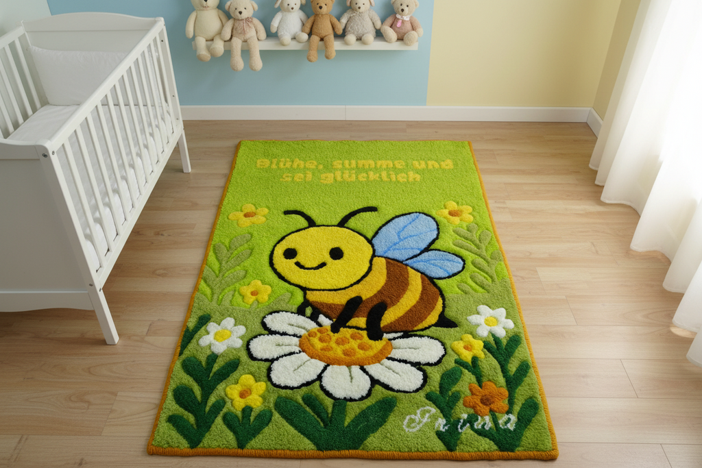 Handgetufteter Wollteppich mit Bienenmotiv für das Kinderzimmer, personalisiert mit Wunschname, 100 % baltische Schurwolle, hergestellt in Lettland (EU).