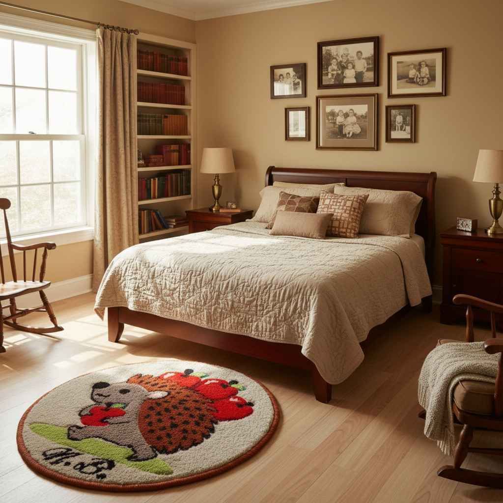 Runder handgetufteter Wollteppich mit Igel-Motiv und Äpfeln, personalisiert mit Initialen, auf Holzfußboden fotografiert.