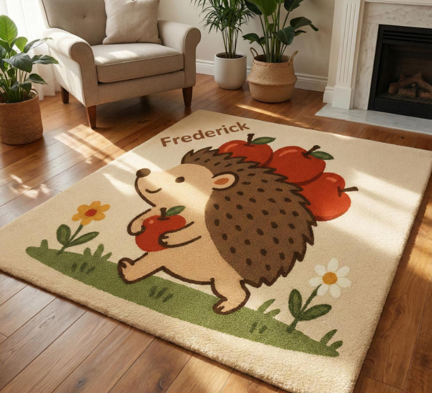 Handmade personalised hedgehog wool rug made from 100% natural wool with non-slip latex backing