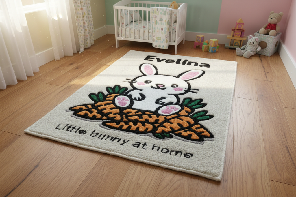 Personalisierter Wollteppich mit Namen – Hasenmotiv aus 100 % baltischer Schurwolle, handgetuftet in der EU