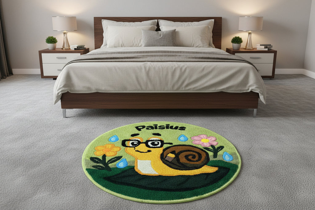 Handgetufteter runder Wollteppich mit Schneckenmotiv und personalisiertem Schriftzug in modernem Schlafzimmer-Interieur.