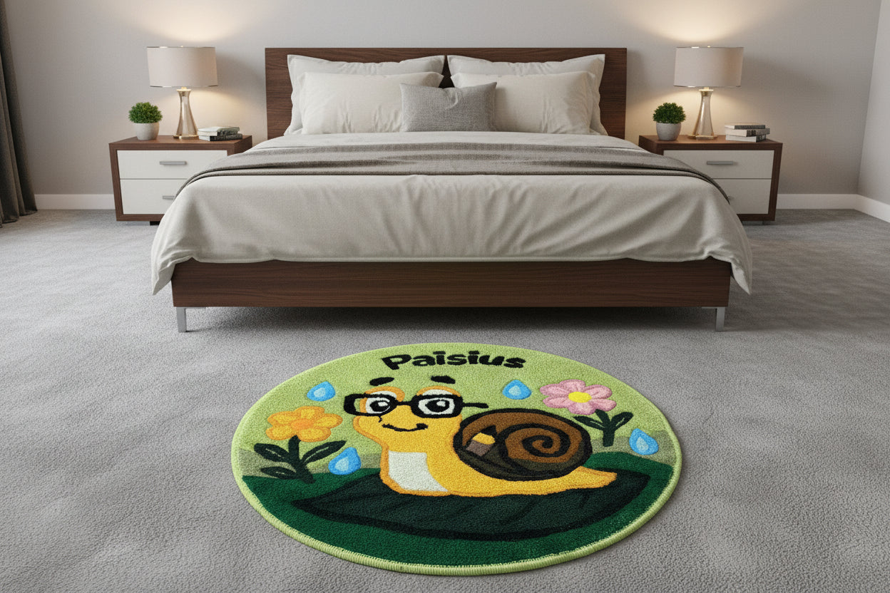 Handgetufteter runder Wollteppich mit Schneckenmotiv und personalisiertem Schriftzug in modernem Schlafzimmer-Interieur.