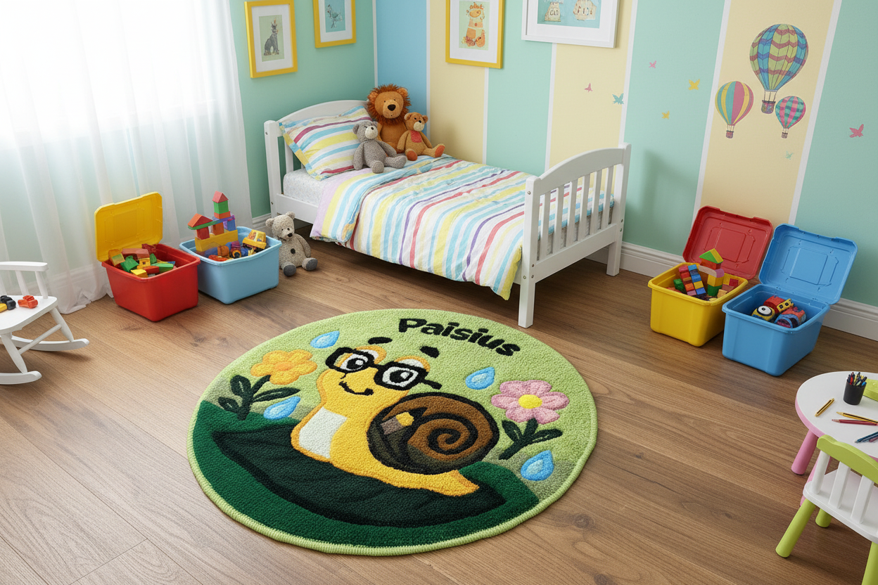 Designvorschau eines runden handgefertigten Kinder-Wollteppichs mit einem lächelnden Schneckenmotiv, Blumen und Wassertropfen, personalisiert mit einem Namen.