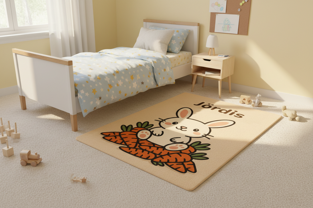 Personalisierter Kinderteppich Hase aus 100 % Schurwolle mit individuellem Namen, handgetuftet, 3D-Details
