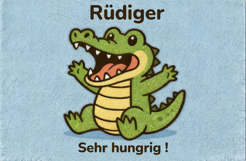 Weicher Woll-Kinderteppich mit fröhlichem Krokodil und personalisiertem Namen, aus 100 % Naturwolle.