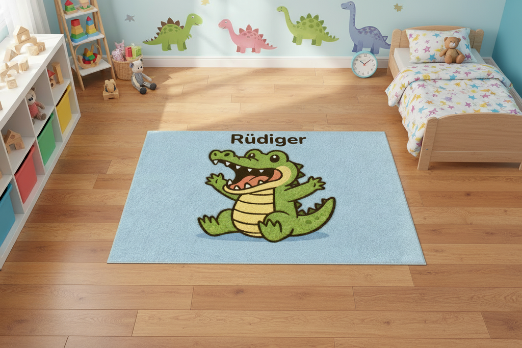 Weicher Woll-Kinderteppich mit fröhlichem Krokodil und personalisiertem Namen, aus 100 % Naturwolle.