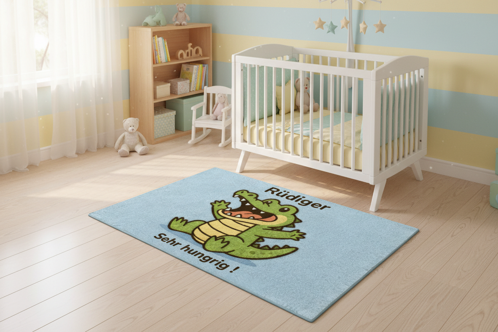Weicher Woll-Kinderteppich mit fröhlichem Krokodil und personalisiertem Namen, aus 100 % Naturwolle.