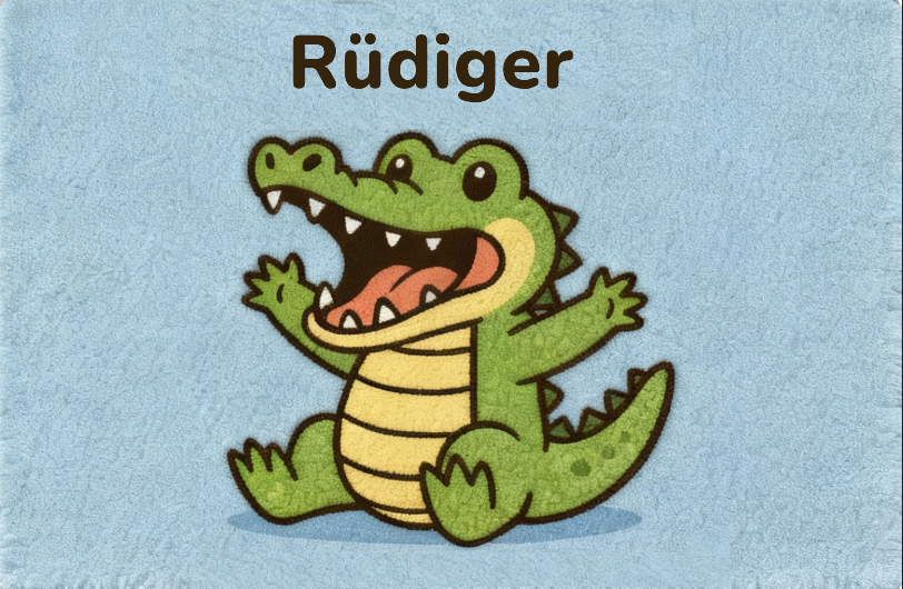 Personalisierter Kinderteppich Krokodil aus 100 % Schurwolle mit individuellem Namen, handgetuftet, 3D-Details