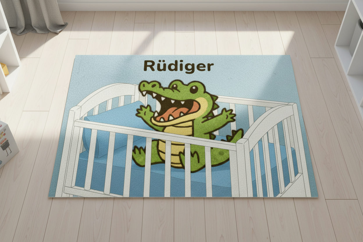 Personalisierter Kinderteppich Krokodil aus 100 % Schurwolle mit individuellem Namen, handgetuftet, 3D-Details
