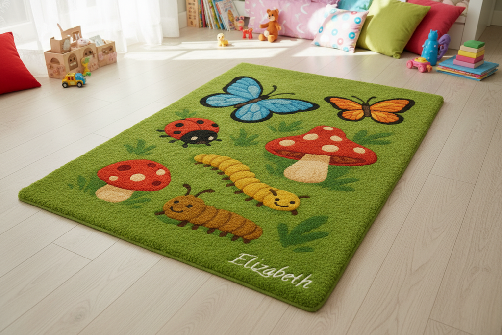 Handmade personalised butterfly wool rug made from 100% natural wool with non-slip latex backing