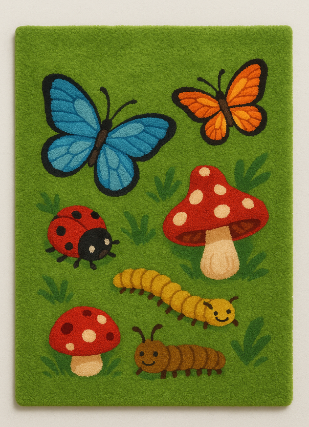 Handgefertigter personalisierter Schmetterlings-Wollteppich aus 100 % natürlicher Wolle mit rutschfester Latexrückseite