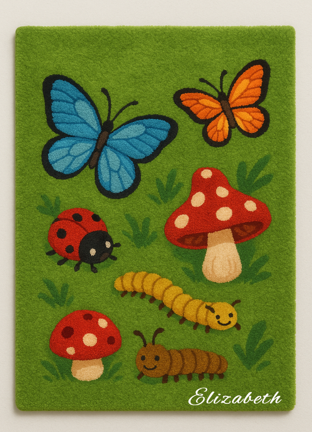 Handgefertigter personalisierter Schmetterlings-Wollteppich aus 100 % natürlicher Wolle mit rutschfester Latexrückseite