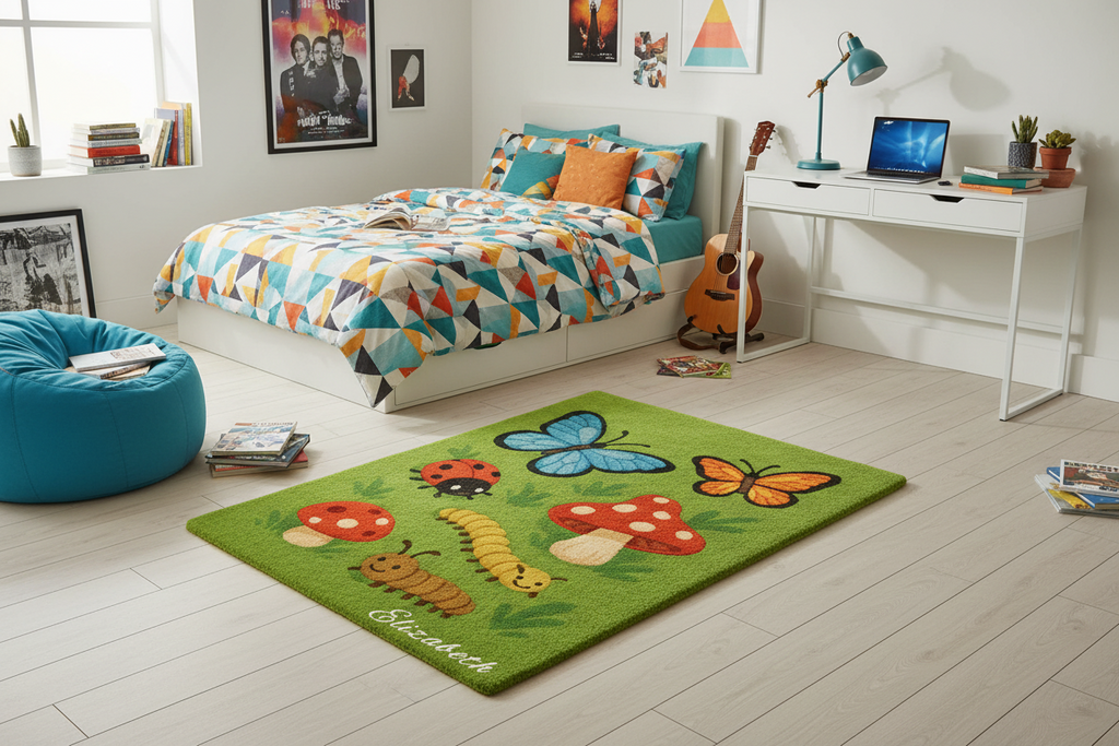 Personalisierter handgetufteter Wollteppich mit Waldtiermotiv aus 100 % baltischer Schurwolle im Kinderzimmer – mit Namen personalisierbar, weich, langlebig und natürlich gefertigt in der EU.