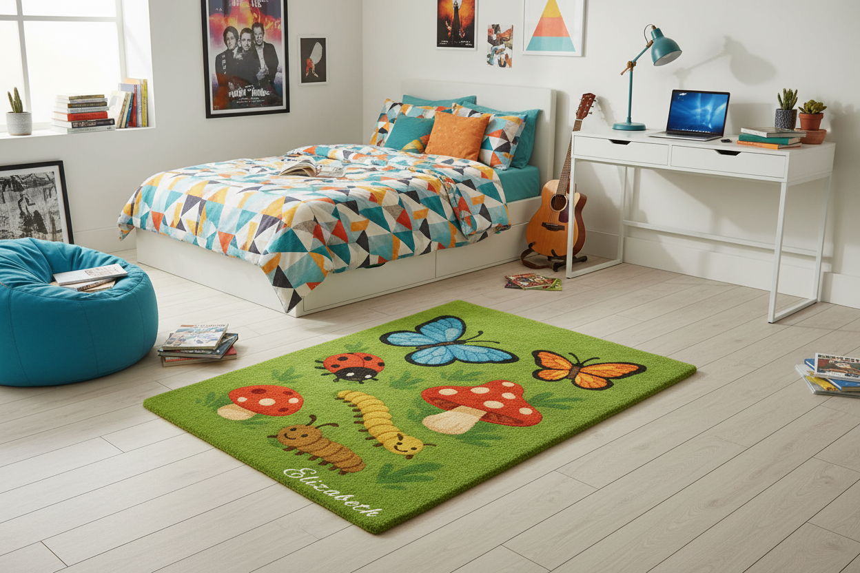 Personalisierter handgetufteter Wollteppich mit Waldtiermotiv aus 100 % baltischer Schurwolle im Kinderzimmer – mit Namen personalisierbar, weich, langlebig und natürlich gefertigt in der EU.