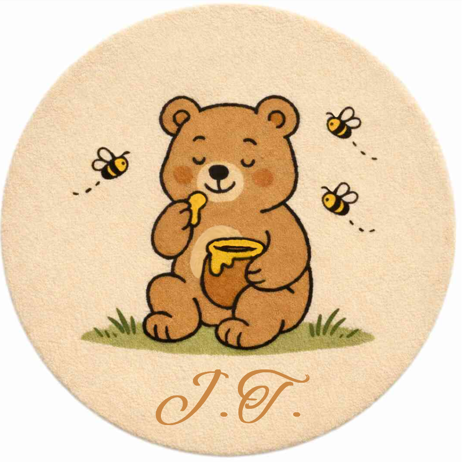 Round hand-tufted wool rug with a carved 3D teddy bear motif and personalized initials, made from 100% natural wool with a contrasting stitched border.