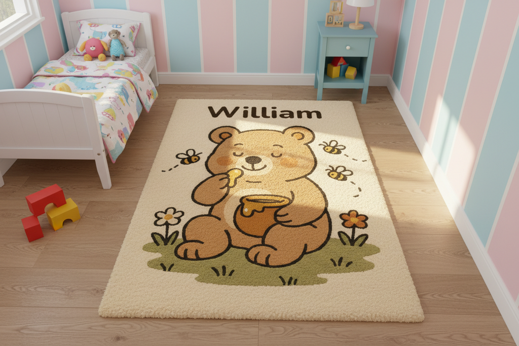 Handmade personalised teddy bear wool rug made from 100% natural wool with non-slip latex backing