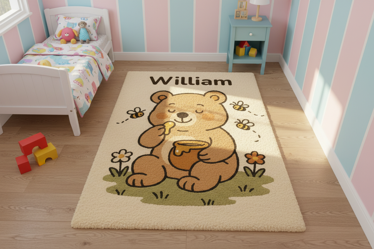 Handmade personalised teddy bear wool rug made from 100% natural wool with non-slip latex backing
