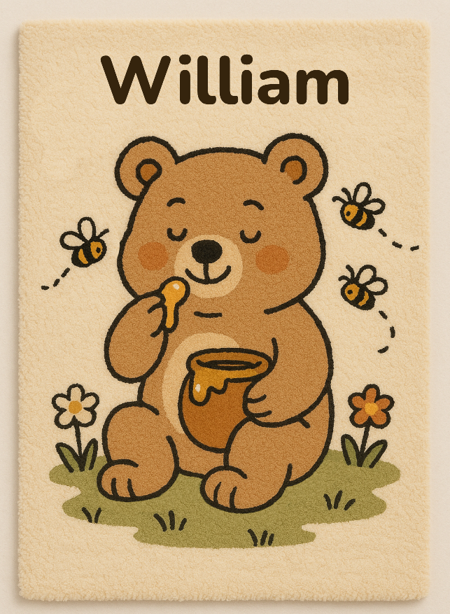 Handgefertigter personalisierter Teddybär-Wollteppich aus 100 % natürlicher Wolle mit rutschfester Latexrückseite