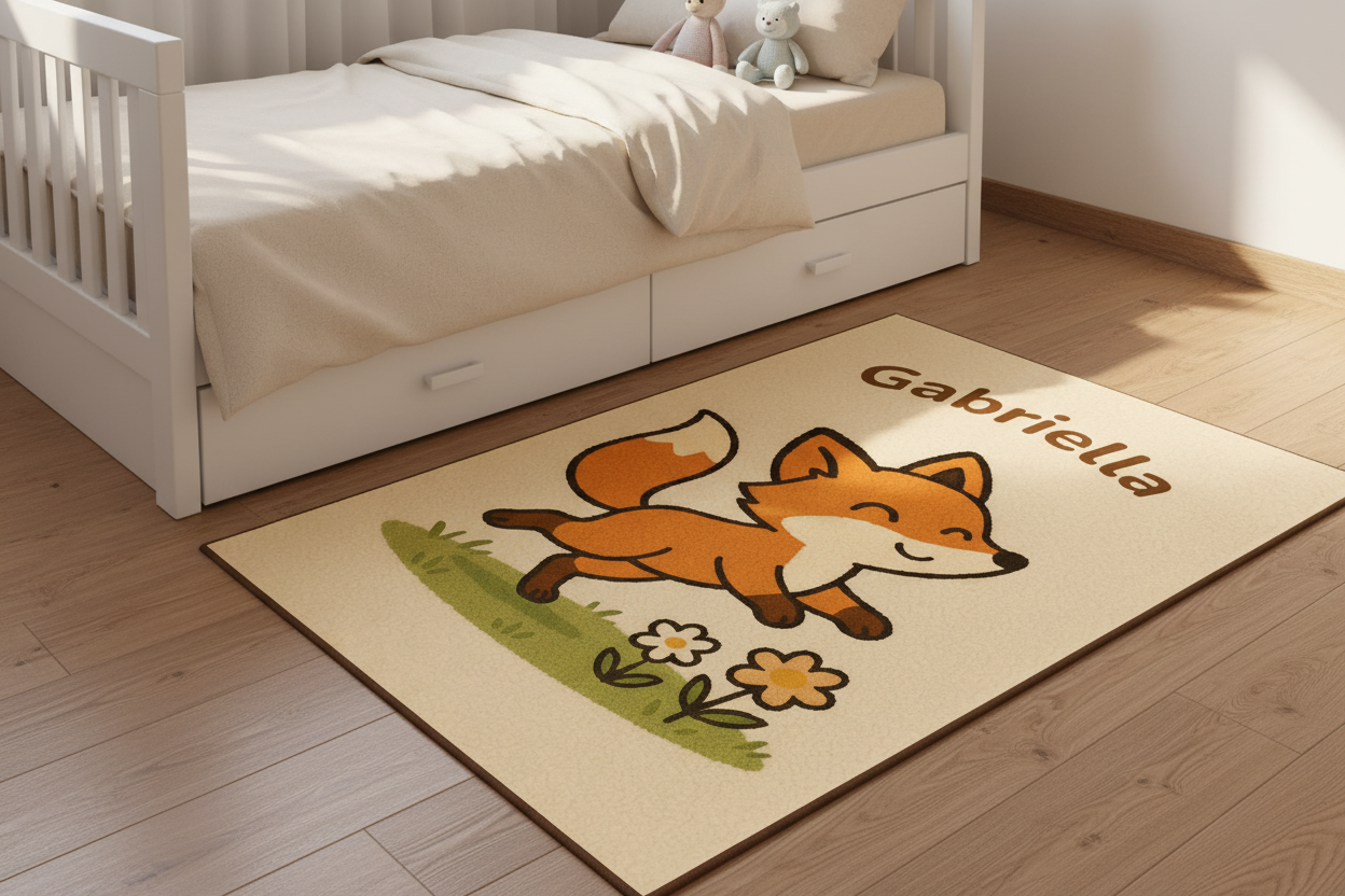 Personalisierter Kinderteppich Fuchs aus 100 % Schurwolle mit Namen, handgetuftet, 3D-Details