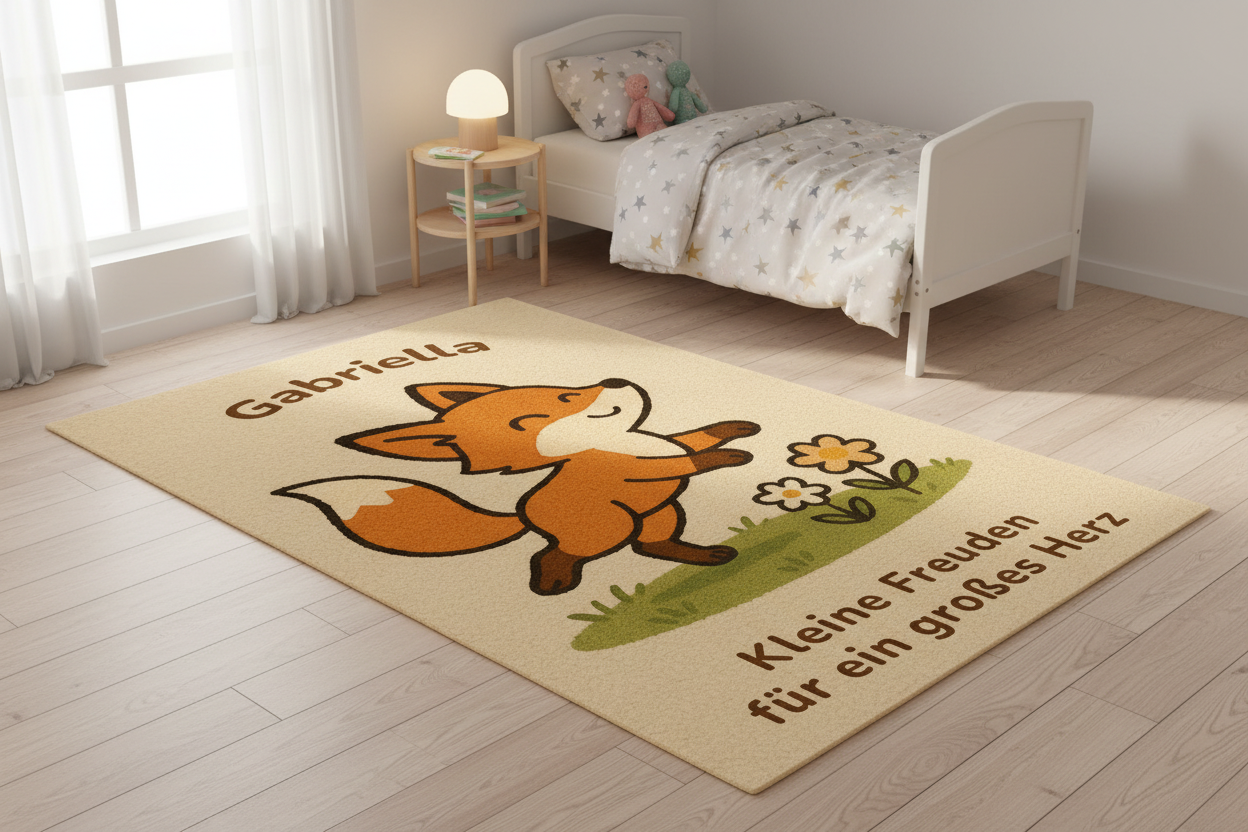 Personalisierter Kinderteppich mit Fuchs aus natürlicher Schafwolle, handgefertigt