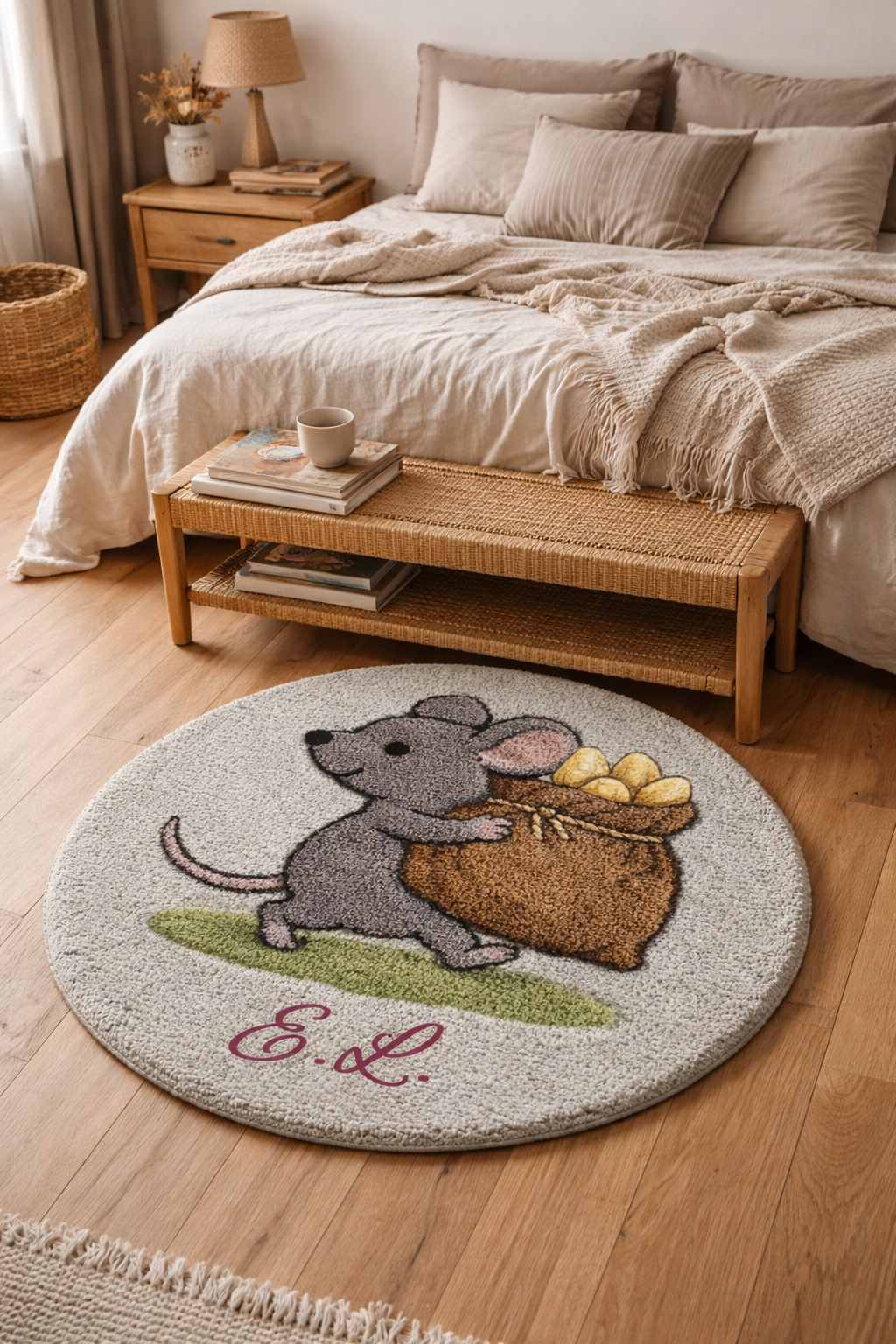 Hand-tufted natural wool rug with country mouse carrying a grain sack motif, personalized with initials, handmade in EU