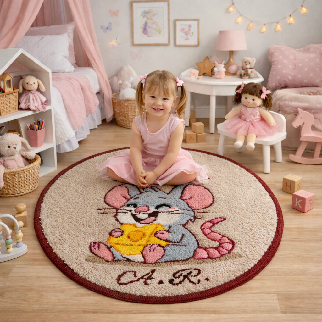 Round personalized children’s wool rug with smiling mouse design and customizable initials, styled in a cozy Scandinavian-inspired boy’s bedroom with wooden toys and soft neutral decor.