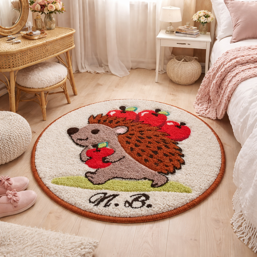 Hand-tufted round wool rug with hedgehog and red apples in a soft feminine bedroom interior, personalized with initials, natural wool, made to order.
