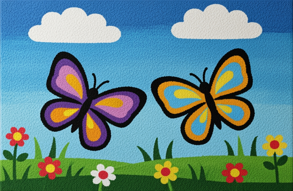 Handgefertigter personalisierter Schmetterlings-Wollteppich aus 100 % natürlicher Wolle mit rutschfester Latexrückseite