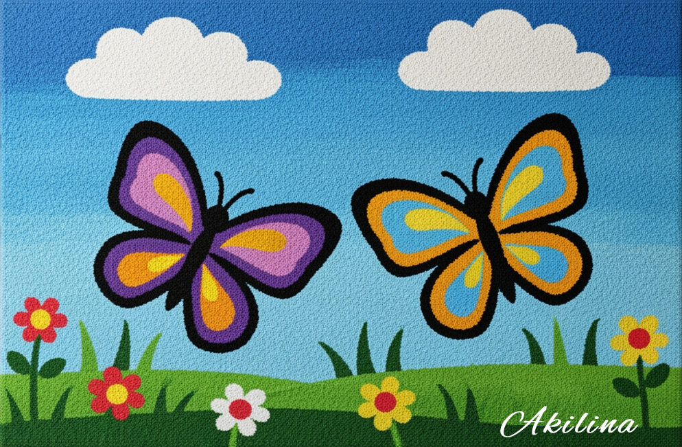 Handgefertigter personalisierter Schmetterlings-Wollteppich aus 100 % natürlicher Wolle mit rutschfester Latexrückseite