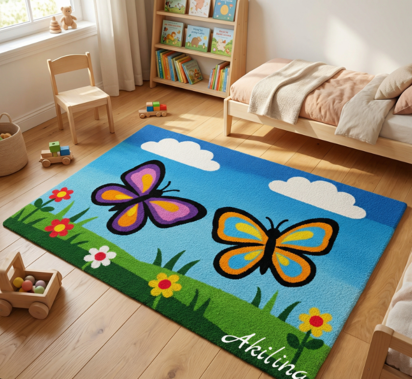 Handgefertigter personalisierter Schmetterlings-Wollteppich aus 100 % natürlicher Wolle mit rutschfester Latexrückseite