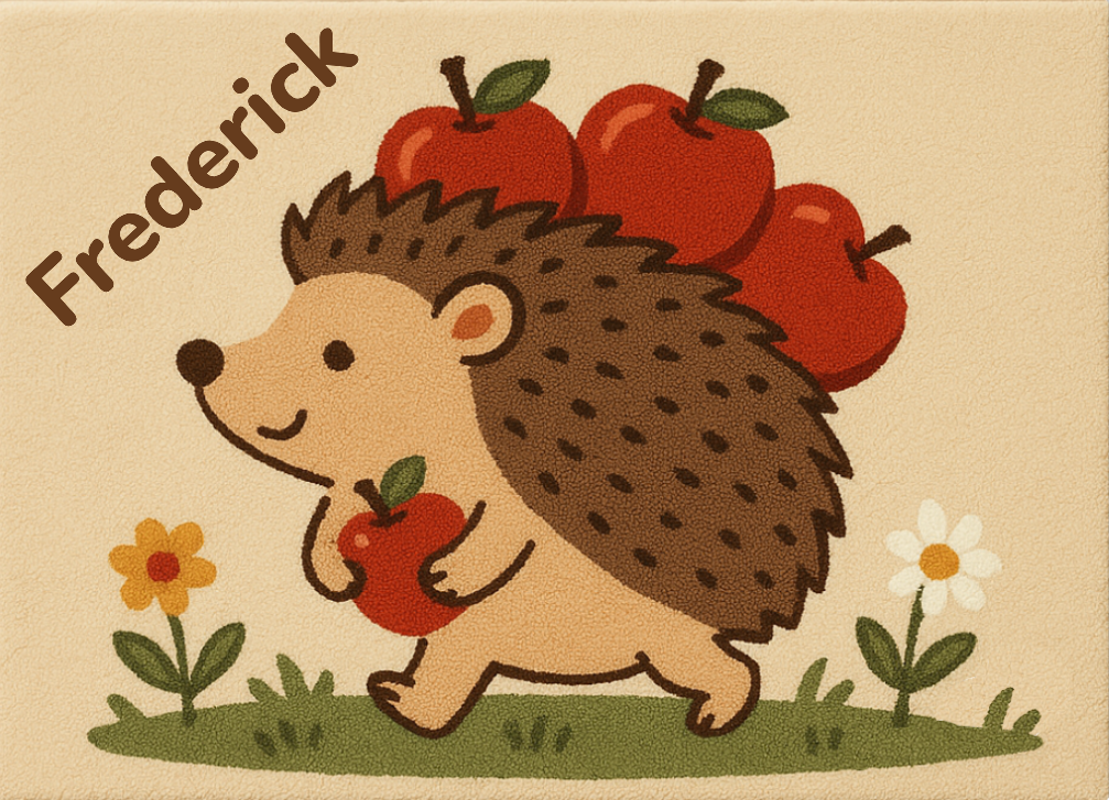 Handgetufteter personalisierter Wollteppich mit Igelmotiv und rotem Apfel, gefertigt aus 100 % baltischer Schurwolle, mit individuellem Namen.