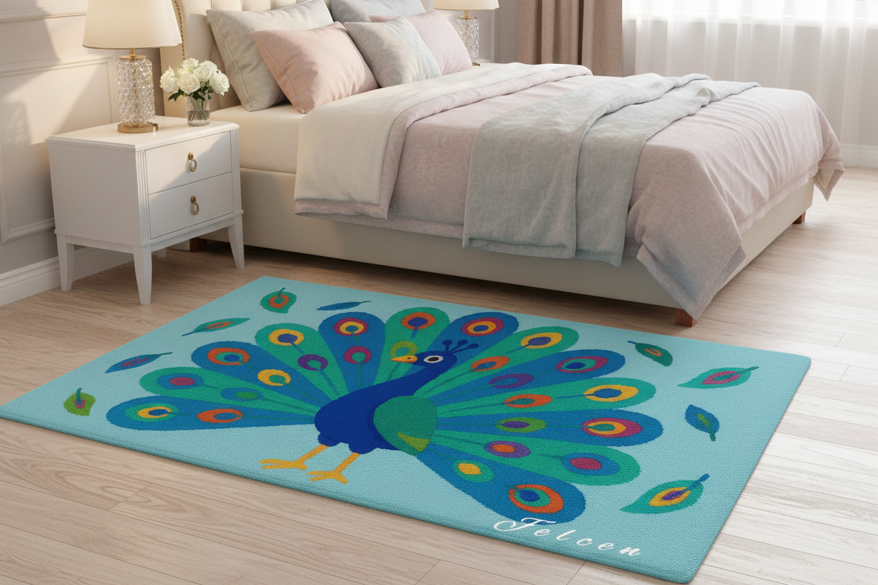 Handgetufteter Wollteppich mit Pfauenmotiv aus 100% baltischer Schurwolle, personalisierbar mit Wunschnamen