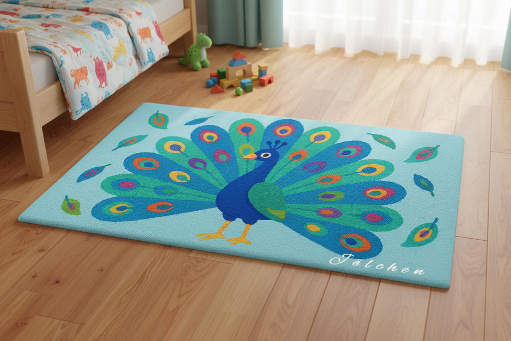 Personalisierter Pfau-Wollteppich für Kinder mit Namen, bunter Pfau, handgefertigter Kinderteppich im Kinderzimmer
